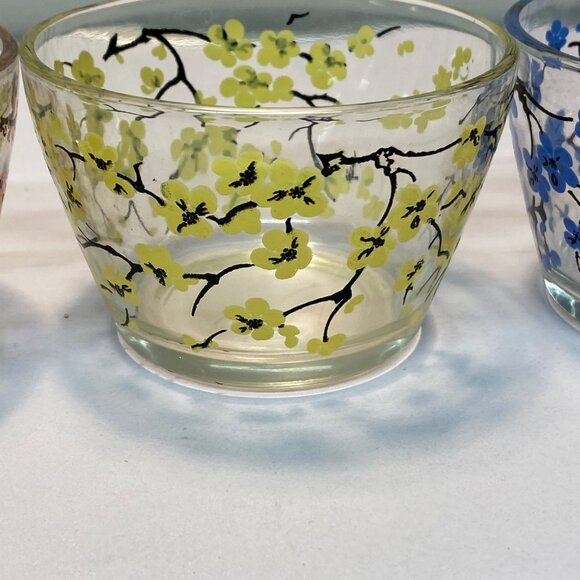 Vintage Floral Printed Glass Bowls Pink Yellow & Blue Flower Designs Set of 3 - Picture 4 of 11
